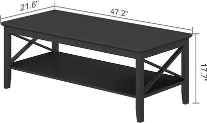 ChooChoo Oxford Coffee Table with Thicker Legs, Black Wood Coffee Table with Storage for Living Room, 47 inch - LeafyLoom