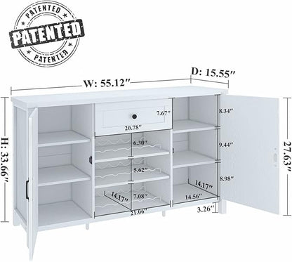 FATORRI Buffet Cabinet with Storage, Wood Sideboard Buffet Cabinet with Wine Rack, Modern Credenza Coffee Bar Cabinet for Kitchen Living Room (55.12 Inch, White Oak) - LeafyLoom