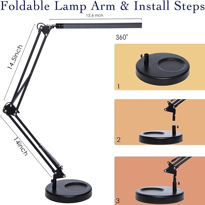 LED Desk Lamp with Clamp and Round Base, Swing Arm Eye Caring Table Lamp, 3 Color Modes 10 Brightness Levels, Memory Function Lamp with USB Adapter, Desk Light for Home Office 14W Black - LeafyLoom