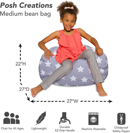 Posh Creations Bean Bag Chair for Kids, Teens, and Adults Includes Removable and Machine Washable Cover, Canvas White Stars on Gray, 27in - Medium - LeafyLoom