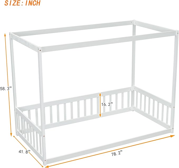 Twin Size Canopy Bed Frame with Guardrails for Kids,Floor Bed Twin with Four Poster Design,Kids Montessori Floor Bed,Wood Canopy Bed Frame for Girls,Boys(Twin,White) - LeafyLoom