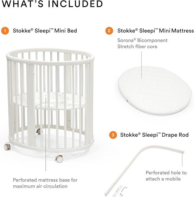 Stokke Sleepi Mini Bundle, White - includes Crib/Bed, Mattress & Drape Rod - Suitable for Ages 0-5 Years Old - Adjustable & Stylish - LeafyLoom