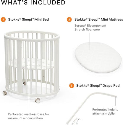 Stokke Sleepi Mini Bundle, White - includes Crib/Bed, Mattress & Drape Rod - Suitable for Ages 0-5 Years Old - Adjustable & Stylish - LeafyLoom