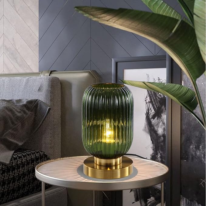 Glass Table Lamps Mid Century Modern Globe Table lamp Gold Desk lamp nightstand lamp with Green Pumpkin Design Ribbed Glass Bedside Table Lamp for Bedroom Living Room Office - LeafyLoom