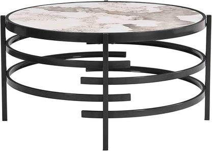 Round Coffee Table Coffee Tables for Living Room Sintered Stone Marble Top Sturdy Metal Frame (Grey, 31.50 inches) - LeafyLoom