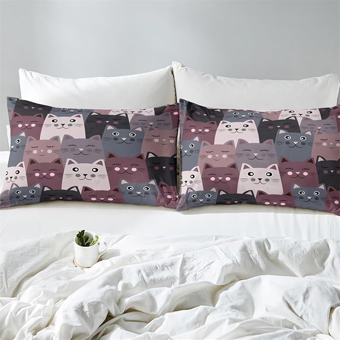 Cat Comforter Set Full Size - 3Pcs Grey Cat Bedding Set for Boys Girls Teens Cute Animals Themed Bedding Set Warm Ultra Soft Cartoon Cat Quilt Cover with 2 Pillowcases for Kids Room Decor - LeafyLoom