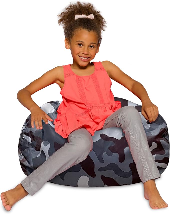 Posh Creations Bean Bag Chair for Kids, Teens, and Adults Includes Removable and Machine Washable Cover, Soft Nylon - Camo Dark and Black Gray, 27in - Medium - LeafyLoom