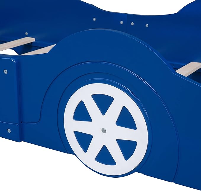 Car Shaped Toddler Bed with Wheels,Racecar Platform Beds W/Safety Guardrail,Slats Support,Stylish Design,Easy Assembly,Wood Twin Bedframe for Boys Toddlers Kids Teens Bedroom,Blue - LeafyLoom