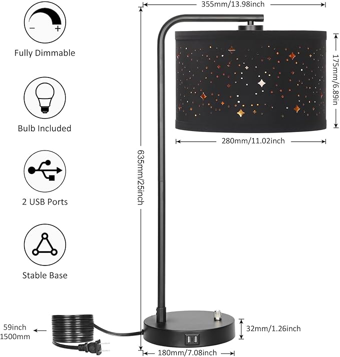 Bedside Table Lamp, Fully Dimmable Table Lamp with 2 USB Ports, Modern Nightstand Lamps with Stars Shade, USB Side Table Lamp, Tall Desk Reading Lamps for Living Room Bedroom 3000k LED Bulb Included - LeafyLoom