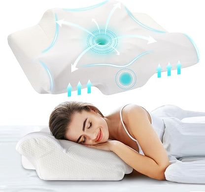 Cervical Neck Pillow for Pain Relief, Contour Memory Foam Pillows for Sleeping, Ergonomic Orthopedic Bed Pillow, Neck Support Pillows for Side Back Stomach Sleepers with Cooling Pillowcase - LeafyLoom