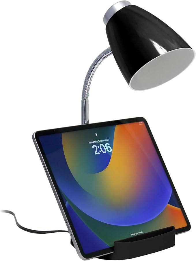 Simple Designs LD1067-BLK Compartmental Desk Lamp with iPhone/iPad/Tablet Stand, Bendable Gooseneck, for Office, Living Room, Nightstand, Library, Entryway, Black - LeafyLoom