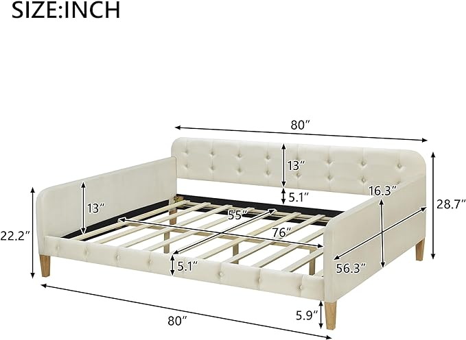 Full Size Velvet Upholstered Dayed with 4 Support Legs,Multifunction Solid Wood Bed Frame,W/A Backrest and Armrests,Easy to Install,for Bedroom Living Room,White - LeafyLoom