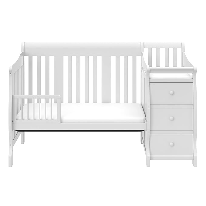 Storkcraft Portofino 5-in-1 Convertible Crib and Changer (White) – Changing-Table Combo with Drawer, Converts to Toddler Bed, Daybed Full-Size Storage Drawer - LeafyLoom