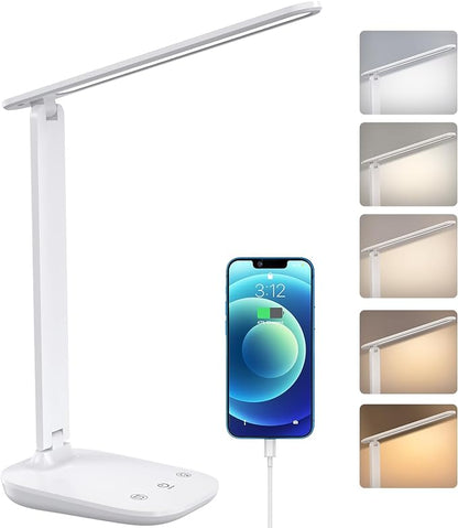 LED Desk Lamp, BSRANE Dimmable Table Lamp with USB Charging Port, 5 Colors & 15%-100% Stepless Dimming, Sensitive Control Memory Function, Eye-Caring Desk Lamp for Reading Bedroom Bedside Study Office - LeafyLoom