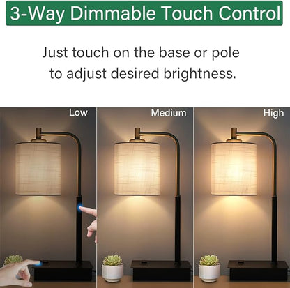 Touch Control Table Lamp, 3-Way Dimmable Modern Bedside Lamp with USB Port and Outlet, Fabric Shade Nightstand Lamp Side Table Lamp,Desk Lamp for Bedroom Living Room, Bulb Included - LeafyLoom