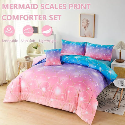 PERFEMET Mermaid Comforter Set for Girls 6 Pieces Rainbow Glitter Twin Size Kids Bedding Set Purple Pink Ombre Mermaid Scale Print Bed in A Bag Comforter Set with Sheets - LeafyLoom