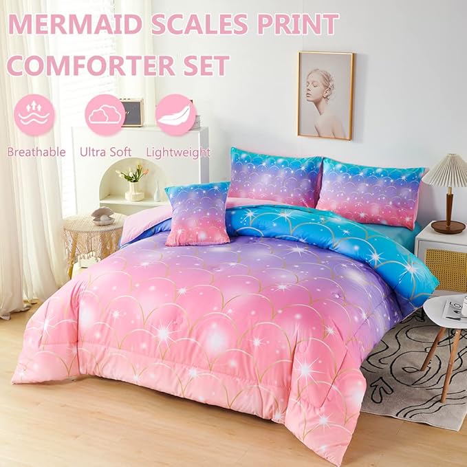 PERFEMET Pink Purple Mermaid Comforter Queen Size 6 Pieces Girls Bedding Set Colorful Rainbow Ombre Bed in A Bag Mermaid Scale Print Queen Comforter Set with Sheets - LeafyLoom