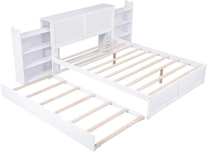 Queen Size Bed Frame with Headboard and Twin XL Trundle, Wood Queen Size Platform Bed with Pull Out Storage Shelves Headboard for Bedroom, White - LeafyLoom