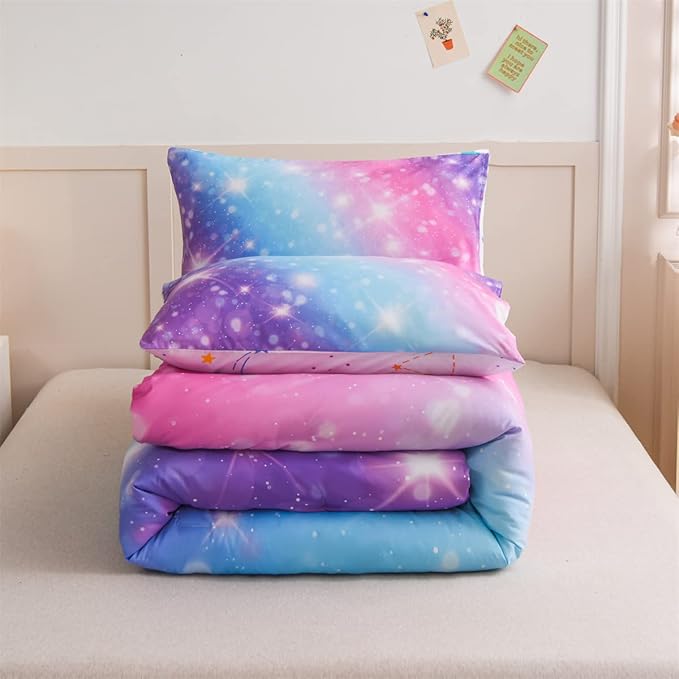 Holawakaka Girls Space Star Rainbow Glitter Comforter Set Ombre Galaxy Print Gradient Reversible Bedding Set Full Size Kids Bed Sets (Pink Lavender, Full) - LeafyLoom