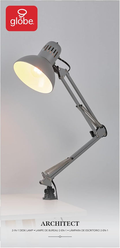 Globe Electric 56106 28" Spring Balanced Arm Desk Lamp, Matte Gray, On-Off Rotary Switch on Shade, Interchangeable Base and Clamp Arm Design, Home Décor, Desk Lamps for Home Office, Home Décor - LeafyLoom