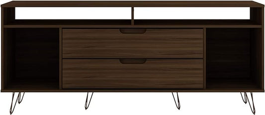 Manhattan Comfort Rockefeller Modern 2 Drawers Living Room Television Stand with Metal Legs, 62.99", Brown - LeafyLoom