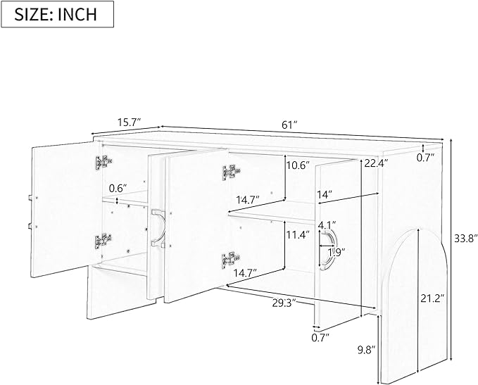 61" Storage Cabinet Sideboard with Four-Door Metal Handle & Adjustable Partitions,Wooden Console Table,w/Curved Legs and Ample Space Desktop,for Living Room,Black - LeafyLoom