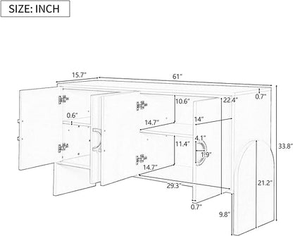 61" Storage Cabinet Sideboard with Four-Door Metal Handle & Adjustable Partitions,Wooden Console Table,w/Curved Legs and Ample Space Desktop,for Living Room,Black - LeafyLoom