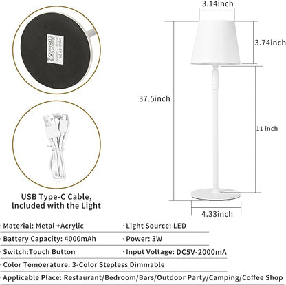 Cordless Table Lamp,Portable LED Desk Lamp, Battery Operated, 3 Color Stepless Dimming Up, for Restaurant/Bedroom/Bars/Outdoor Party/Camping/Coffee Shop Night Light。 (White) - LeafyLoom