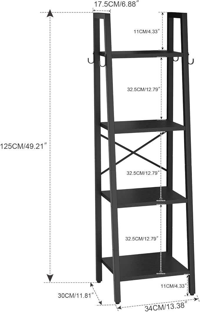 YMYNY 4 Tiers Ladder Bookcase, Industrial Narrow Bookshelf, Open Display Rack with 4 S Hooks, Metal Storage Shelves for Bedroom, Home Office, Living Room, Black, 49.2H*13.4L*11.8W, UHBC024B - LeafyLoom