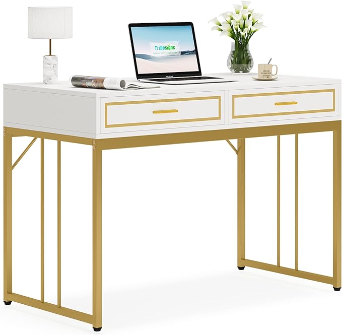 47’’ Computer Desk with 2 Drawers, White Gold Writing Desk Make Up Vanity Table - LeafyLoom