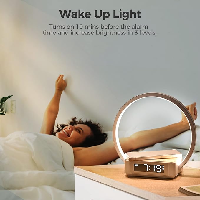 Desk Lamp with Alarm Clock Qi Wireless Charger, Touch Lamp for Bedroom 3 Light Hues, Bedside Lamp 10W Max Wireless Charging Table Lamp LED Eye-Caring Reading Nightstand Light for Living Room - LeafyLoom