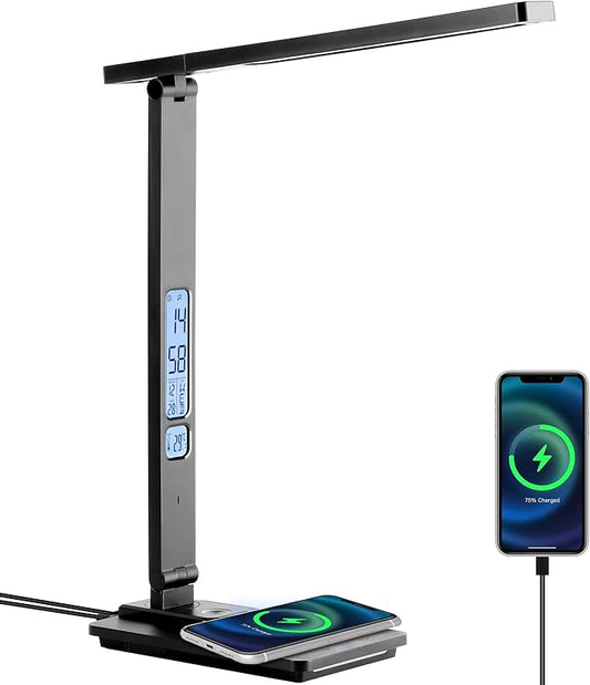 Dott Arts LED Desk Lamp with Wireless Charger, Touch Control Study Lamp with USB Charging Port, Table Lamp with Clock, Alarm, Date, Temperature, Office Lamp, Desk Lamps for Home Office,Black - LeafyLoom