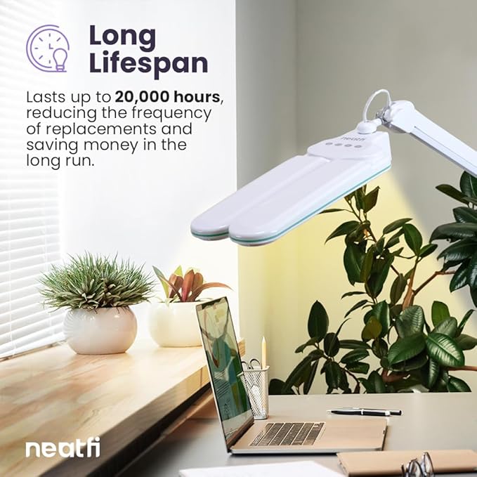 Neatfi Elite HD XL Task Lamp, 3 Light Modes, 90PCS SMD LED, Super Bright Desk Lamp, Eye-Caring LED Lamp, Non-Polar Dimming, Adjustable Brightness Levels (CCT with Clamp, Blue Ring, 17 Inches) - LeafyLoom