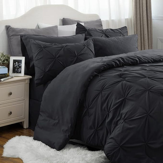 Bedsure California King Comforter Set - Cal King Bed Set 7 Pieces, Pinch Pleat Black Cali King Bedding Set with Comforter, Sheets, Pillowcases & Shams - LeafyLoom