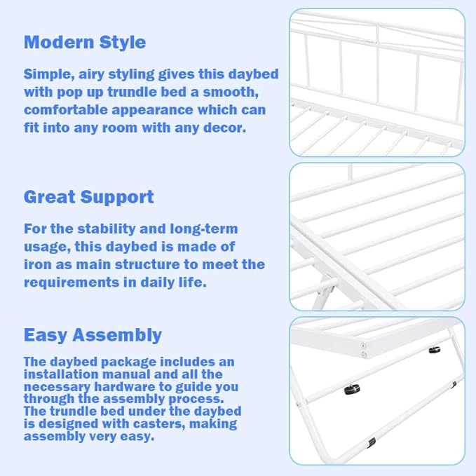 Full Daybed with Trundle Bed Twin, Metal Day Bed Frame with Pop Up Trundle, Metal Sofa Bed with Portable Folding Trundle for Bedroom, Living Room, Guest Room, Home, No Box Spring Needed, White - LeafyLoom