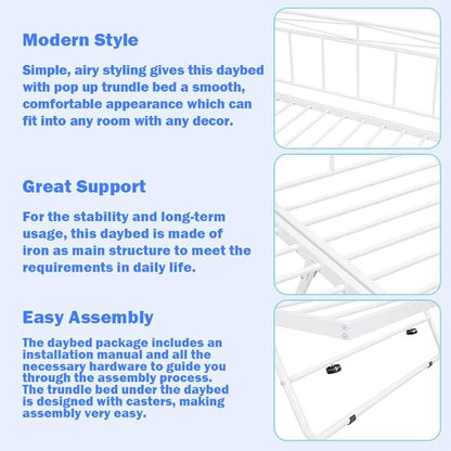 Full Daybed with Trundle Bed Twin, Metal Day Bed Frame with Pop Up Trundle, Metal Sofa Bed with Portable Folding Trundle for Bedroom, Living Room, Guest Room, Home, No Box Spring Needed, White - LeafyLoom