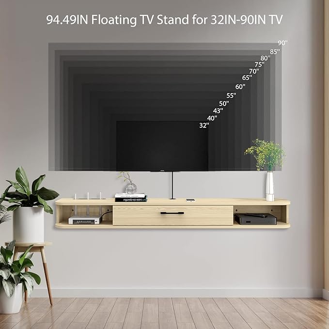 Floating TV Unit, 95'' Wall Mounted TV Cabinet, Floating Shelves with Door, Modern Entertainment Media Console Center Large Storage TV Bench for Living Room & Office (94.49IN, Oak) - LeafyLoom