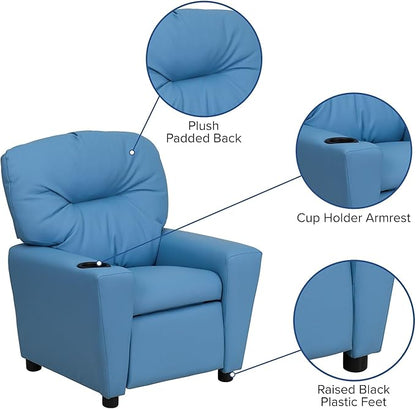 Flash Furniture Chandler Vinyl Kids Recliner with Cup Holder and Safety Recline, Contemporary Reclining Chair for Kids, Supports up to 90 lbs., Light Blue - LeafyLoom