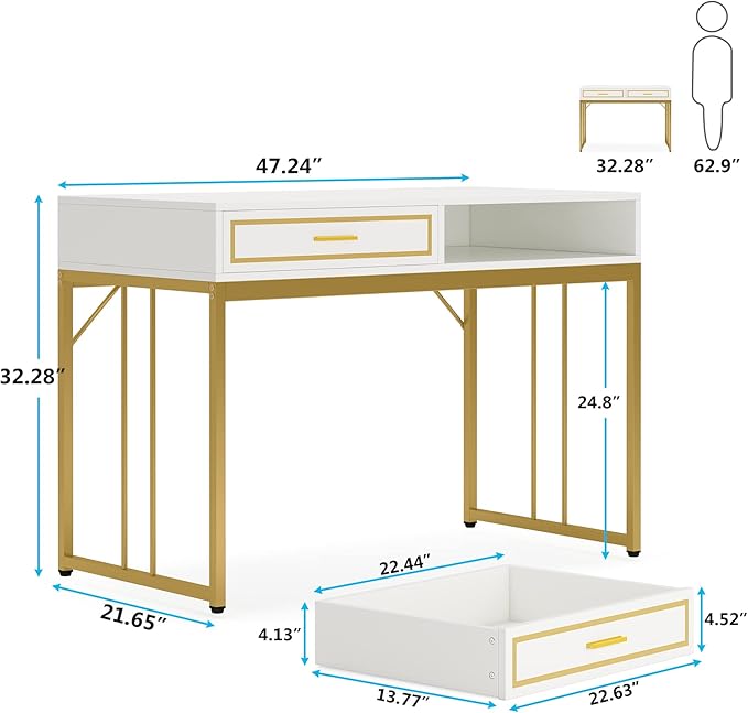 47’’ Computer Desk with 2 Drawers, White Gold Writing Desk Make Up Vanity Table - LeafyLoom