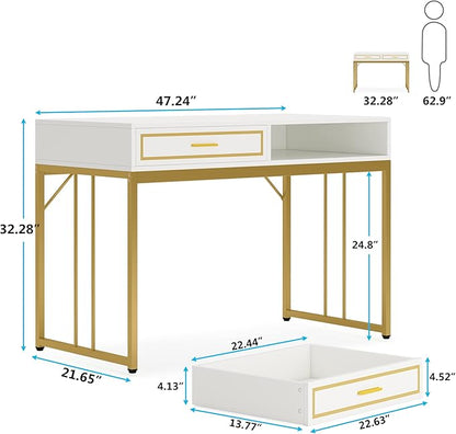 47’’ Computer Desk with 2 Drawers, White Gold Writing Desk Make Up Vanity Table - LeafyLoom