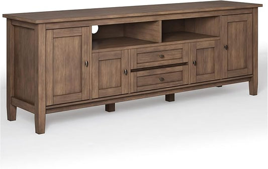 SIMPLIHOME Warm Shaker SOLID WOOD 72 Inch Wide Transitional TV Media Stand in Rustic Natural Aged Brown for TVs up to 80 Inches, For the Living Room and Entertainment Center - LeafyLoom