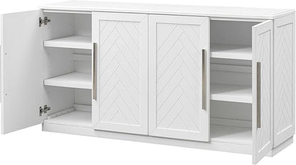 Wooden Sideboard with 4 Doors Large Storage Space,Buffet Cabinet,W/Adjustable Shelves and Silver Handles,Wear-Resistant Performance,for Kitchen,Dining Room,Hallway,White, 60" - LeafyLoom