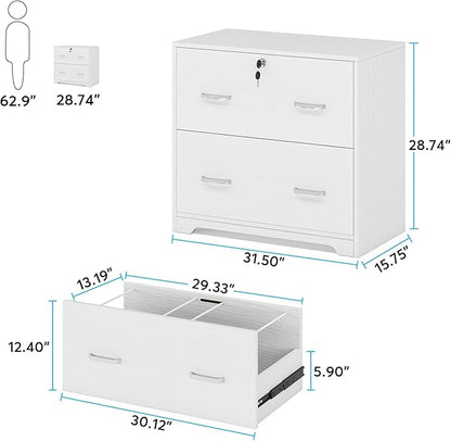 Lateral File Cabinet with 2 Drawers, 31.5 Inches Large Filing Cabinet for Hanging Letter/Legal/F4/A4 Size Files with Lock, Home Office, White - LeafyLoom