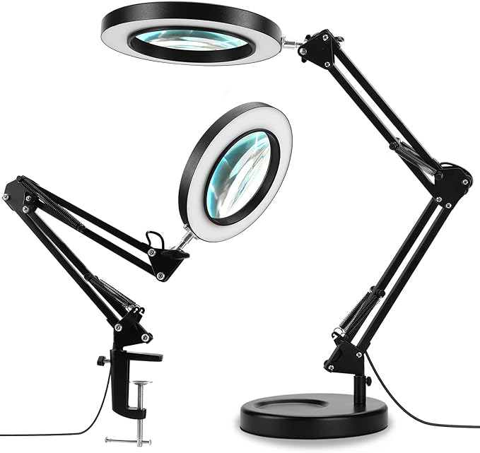 2-in-1 Magnifying Glass with Light and Stand, 10X Real Glass Lens 3 Color Modes Stepless Dimmable, Adjustable LED Lighted Magnifier Desk Lamp with Clamp for Repair, Reading, Crafts, Close Work - LeafyLoom