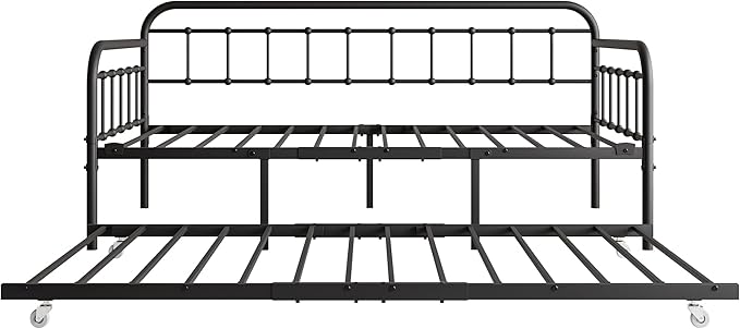 Twin Size Metal Daybed Frame with Trundle and Headboard,Guest Room Multifunctional Heavy Duty Sofa Bed Platform w/Steel Slat Support & Easy Assembly,for Adult Kid Boy Girl,Black - LeafyLoom