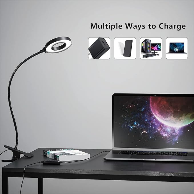 Juhefa Clip on Light, USB Powered LED Desk Lamp with Gooseneck for Reading in Bed, Headboard, Office, Makeup, 10-Level Dimmable, 3 Colors Changable (with Adapter) - LeafyLoom