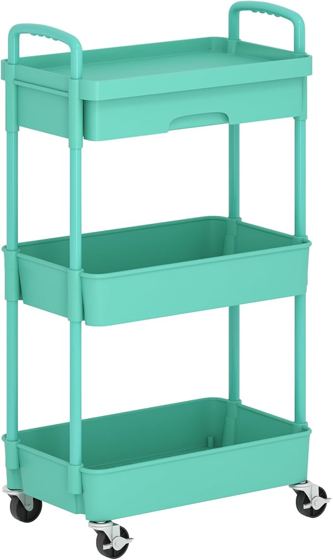 3-Tier Rolling Cart，Trolley with Drawer, Kitchen Storage Organizer with Plastic Shelf & Metal Wheels, Storage Cart for Living Room, Kitchen, Office, Bathroom, Green - LeafyLoom