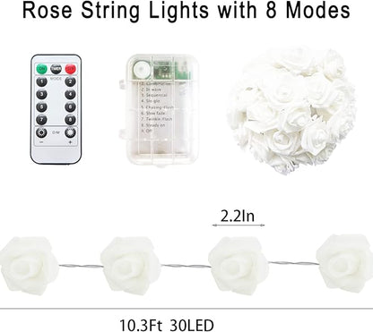 30 LED Pink Lights Valentines Day Decorations, Valentines Day Gifts 10.3Ft 8 Modes Rose Lights String Battery Operated with Remote Flower Lights for Bedroom Wedding Party Mothers Day Christmas Decor - LeafyLoom