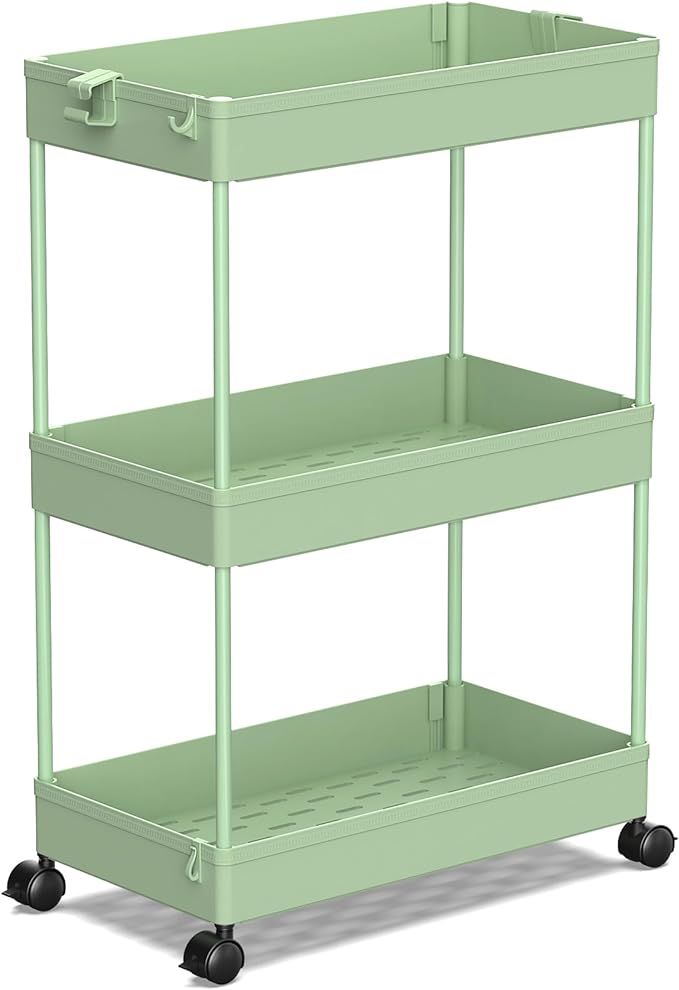 SPACEKEEPER Rolling Storage Cart 3 Tier, Bathroom Cart Organizer Laundry Room Organizer Utility Cart Mobile Shelving Unit Multi-Functional Shelves for Office, Kitchen, Bathroom, Green - LeafyLoom