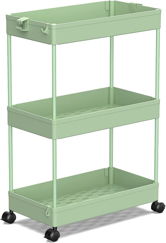 SPACEKEEPER Rolling Storage Cart 3 Tier, Bathroom Cart Organizer Laundry Room Organizer Utility Cart Mobile Shelving Unit Multi-Functional Shelves for Office, Kitchen, Bathroom, Green - LeafyLoom